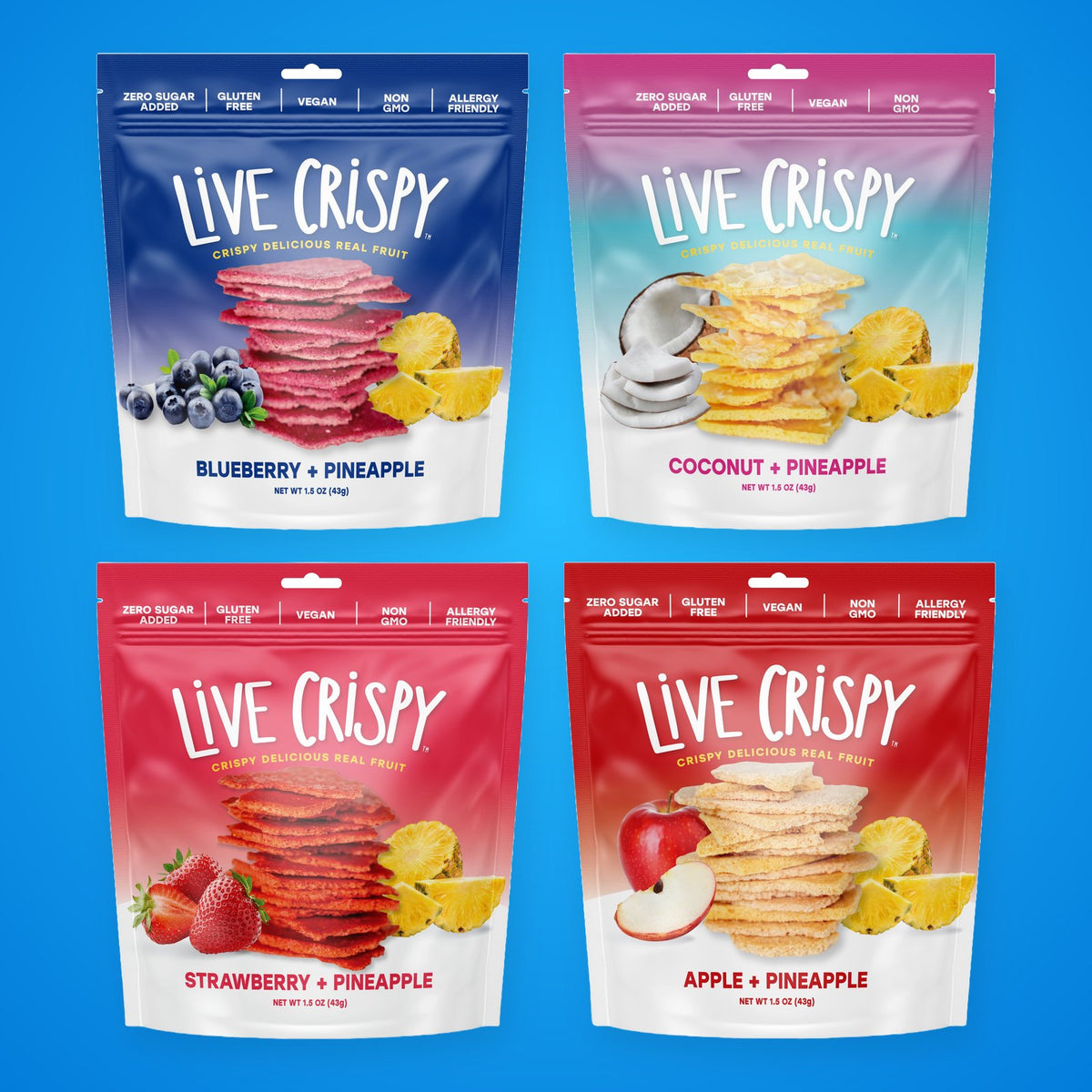 All four Live Crispy bags on a blue background