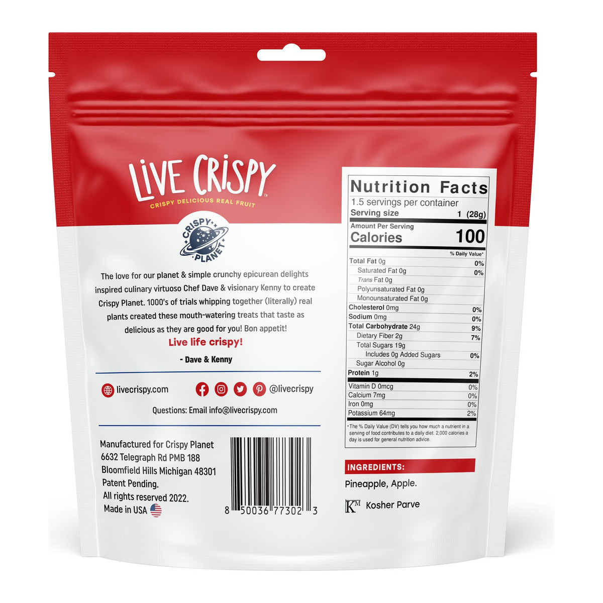 Back of the Apple and Pineapple bag with Nutrition Facts and ingredients