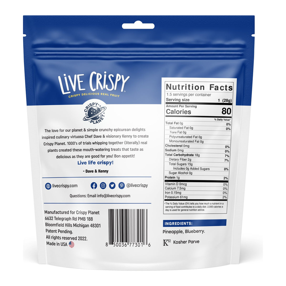 Back of the Blueberry and Pineapple bag with Nutrition Facts and ingredients