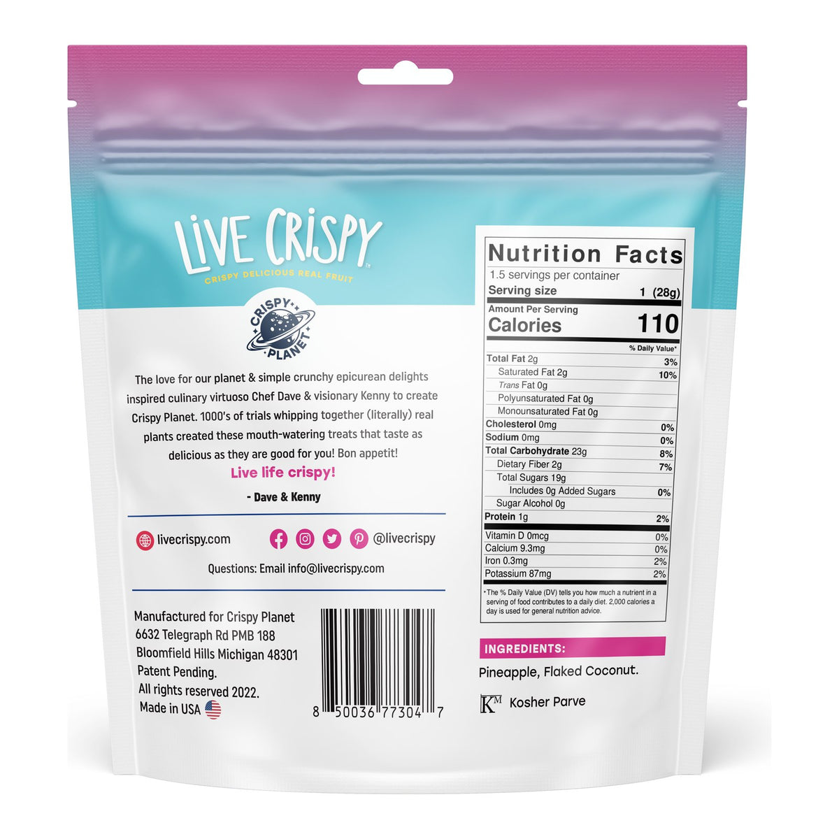 Back of the Coconut and Pineapple bag with Nutrition Facts and ingredients