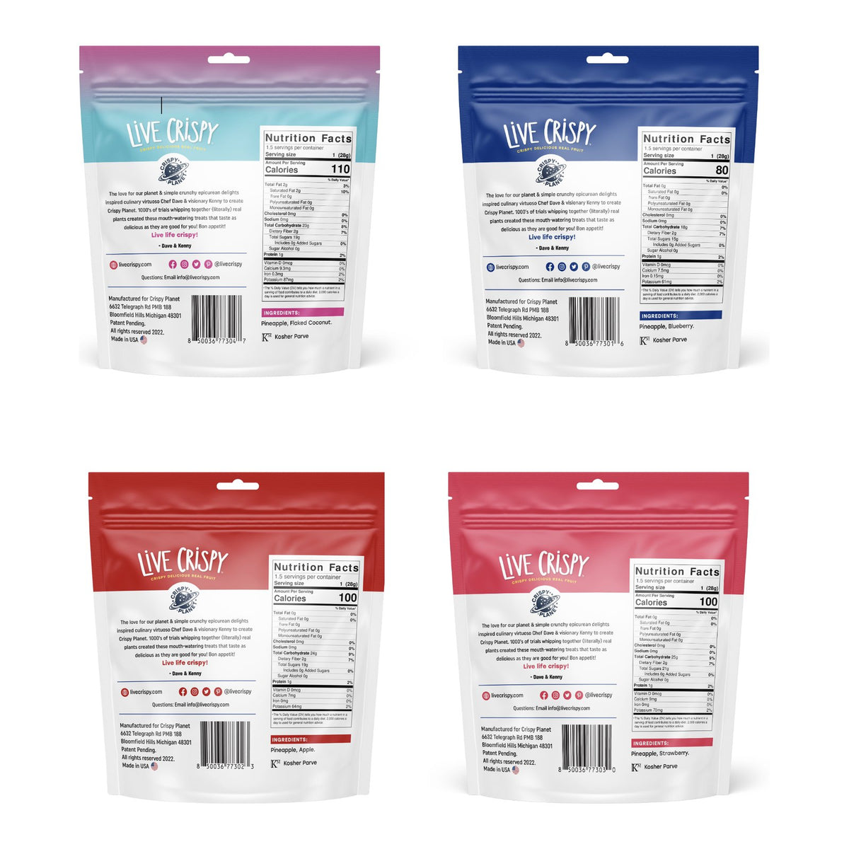 Back of the four bags with Nutrition Facts and ingredients