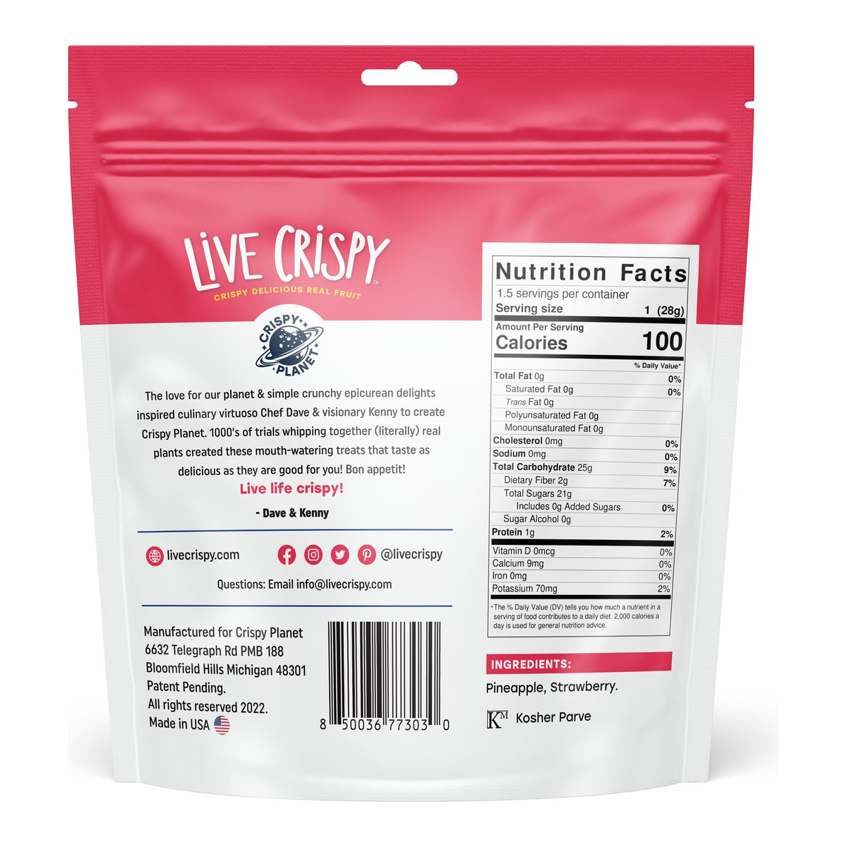 Back of the Strawberry and Pineapple bag with Nutrition Facts and ingredients