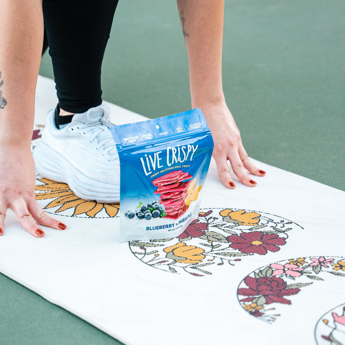 Blueberry and Pineapple bag on a yoga mat